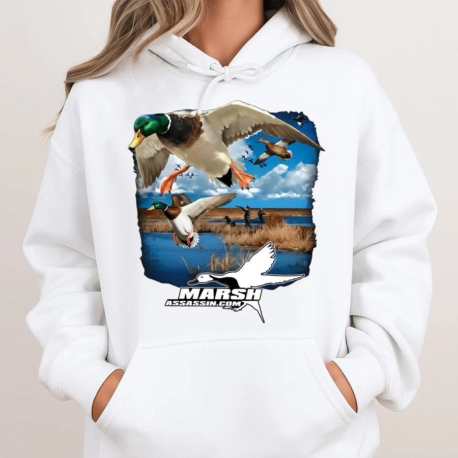 Duck Hunting Hoodie | Mallard In Flight Wildlife Graphic | Premium Cotton Blend | Gift for Hunter Outdoor Enthusiast
