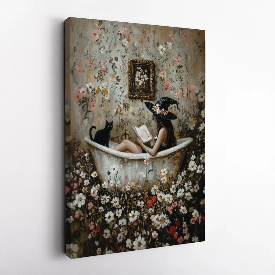 Witch Reading In Bathtub Wall Art | Whimsical Black Cat Floral Canvas Print | Premium Gallery-Wrapped Decor | Spooky Aesthetic Gift For Book Lovers
