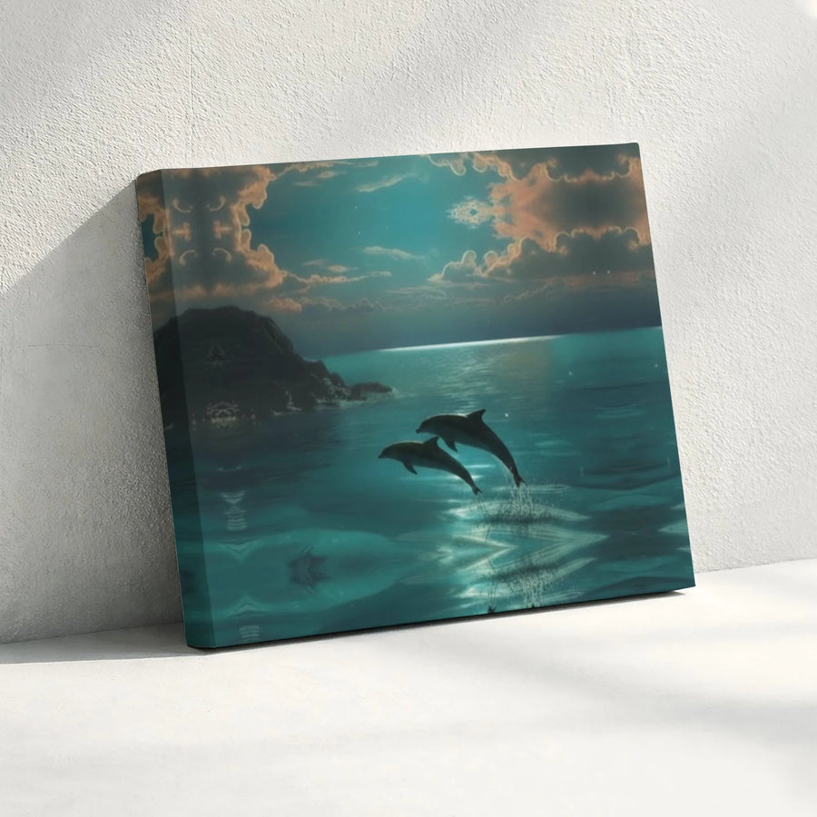 Dolphin Ocean Canvas Wall Art | Moonlight Sea Landscape Print | Gallery Quality 1.25” Thick Canvas | Coastal Home Decor Gift for Ocean Lovers