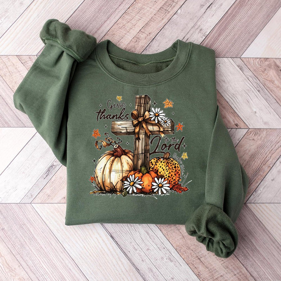 Give Thanks To The Lord Sweatshirt | Christian Faith Fall Pumpkin Graphic | Premium Cotton-Poly Blend | Religious Autumn Gift For Her