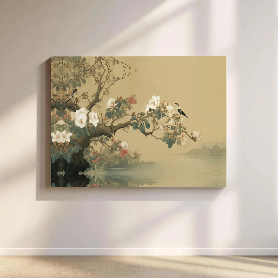 Chinoiserie Wall Art Canvas | Japanese Style Magnolia & Bird Painting | Premium Gallery Quality Print | Elegant Zen Living Room Decor Gift