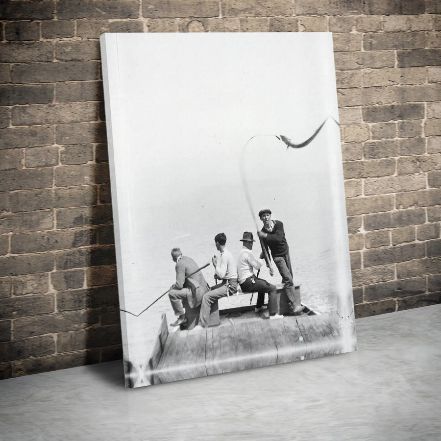 Vintage Fishing Photo Canvas Art | Black and White Fisherman Boat Print | Premium Gallery Wrapped Decor | Nautical Office Wall Decor