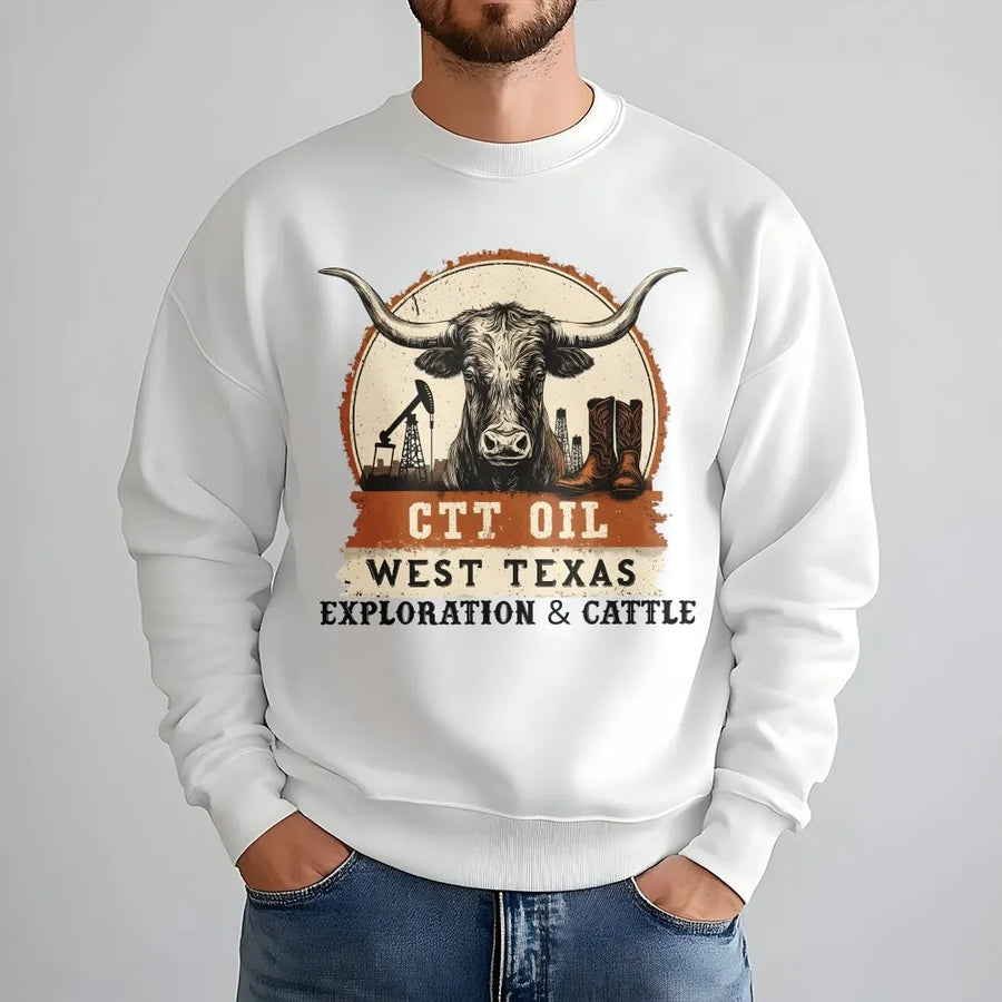 West Texas Oilfield Sweatshirt | Longhorn Cattle Ranch Graphic | Premium Cotton Blend | Gift for Oilfield Workers & Ranchers