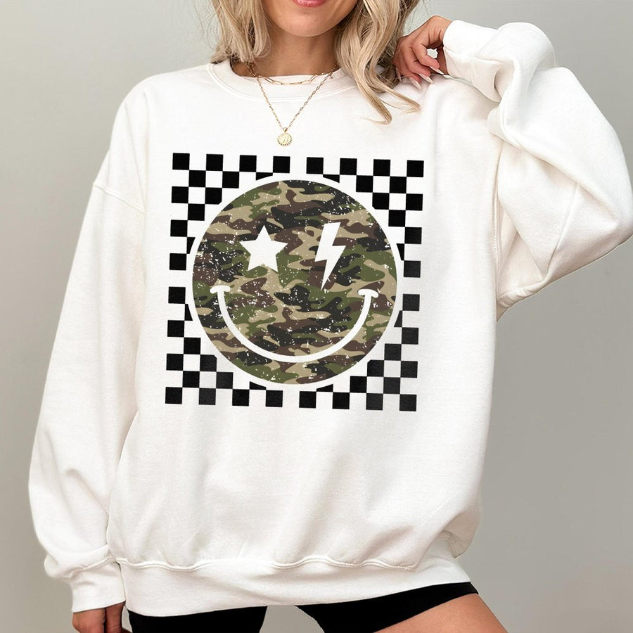 Camo Smiley Face Sweatshirt | Checkered Star Lightning Bolt Print | Premium Cotton Blend | Trendy Unisex Graphic Gift for Her