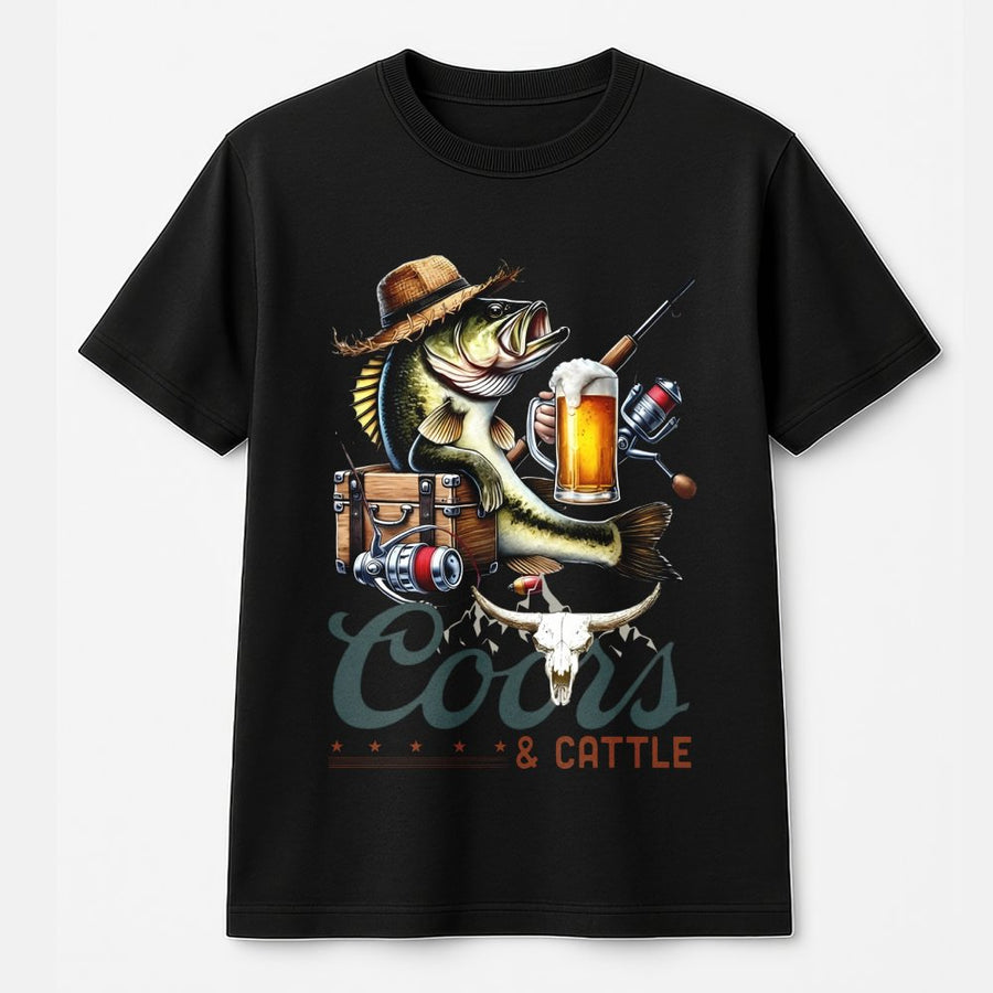 Coors T-Shirt, Beer Fishing T-Shirt For Men, Coors And Cattle Country Western T-Shirt, Bass Fishing Graphic With Cowboy Cattle