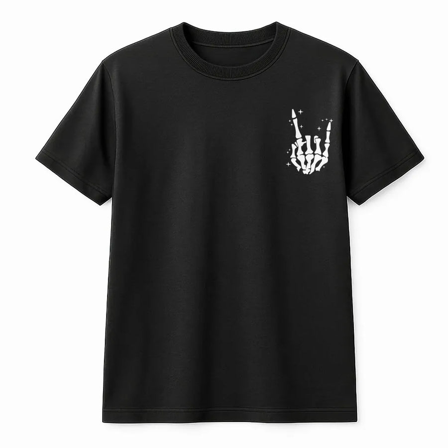 Skeleton Hand Rock On T-Shirt | Spooky Minimalist Graphic Tee | Premium Soft Cotton | Unisex Halloween Gift for Music Fans