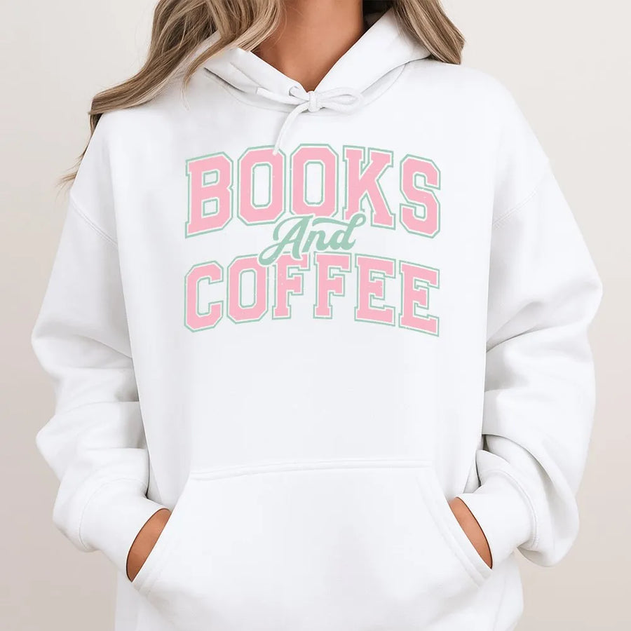Books and Coffee Hoodie | Retro College Font Graphic | Cozy Cotton Blend | Gift for Book Lover, Reading Crewneck for Her