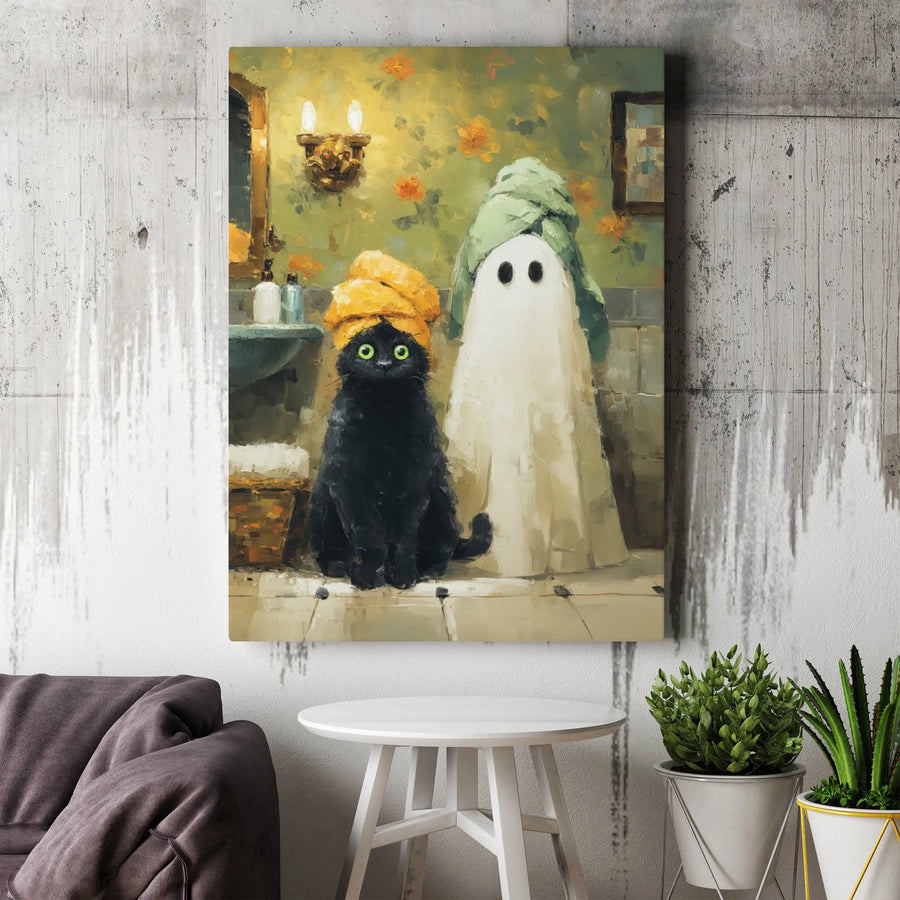Black Cat and Ghost Canvas Art | Funny Bathroom Wall Decor | Premium Fade-Resistant Print | Quirky Spooky Home Gift for Cat Lovers
