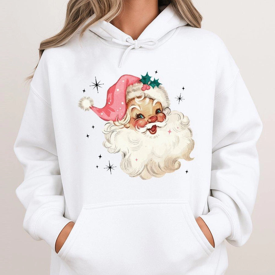 Retro Santa Hoodie | Pink Christmas Hat Vintage Graphic | Premium Cotton Blend | Holiday Gift for Women and Men