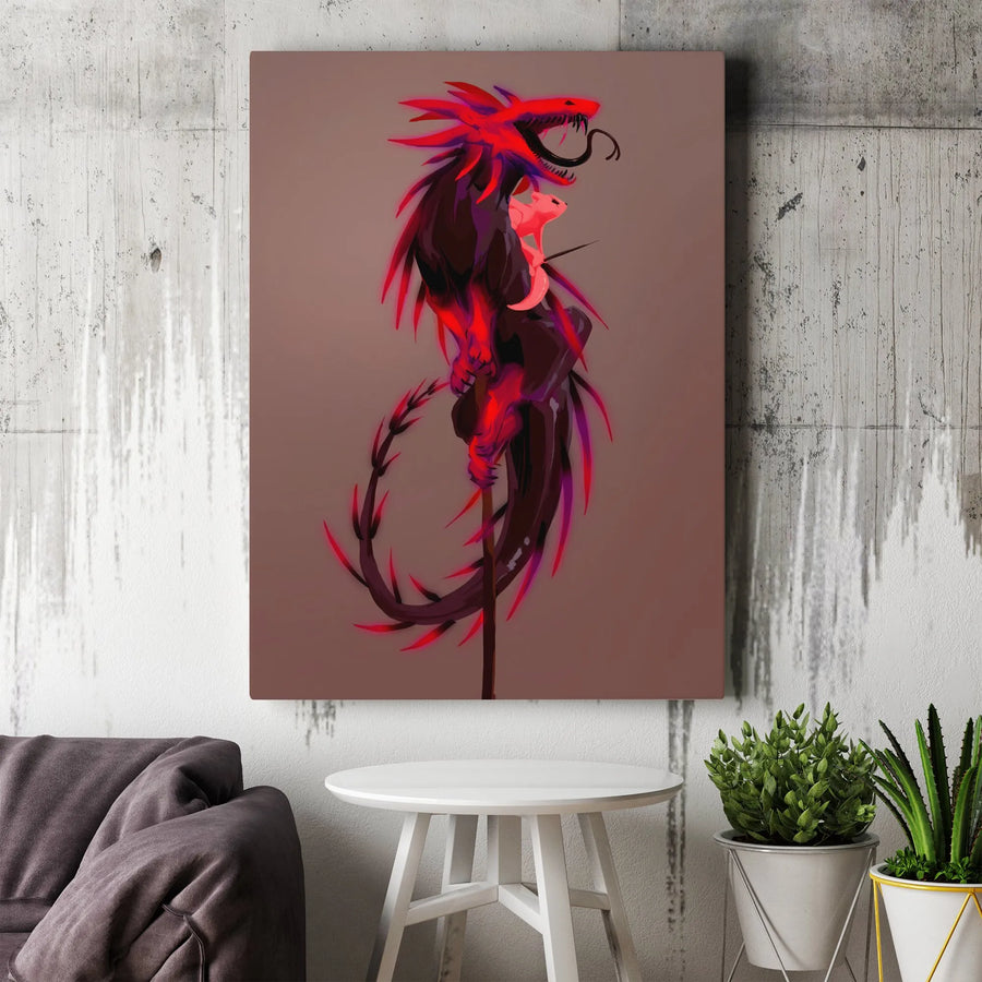 Red Dragon Rider Wall Art | Spiked Fantasy Creature Canvas Print | Gallery-Wrapped Premium Decor | Gamer Room & Bedroom Gift