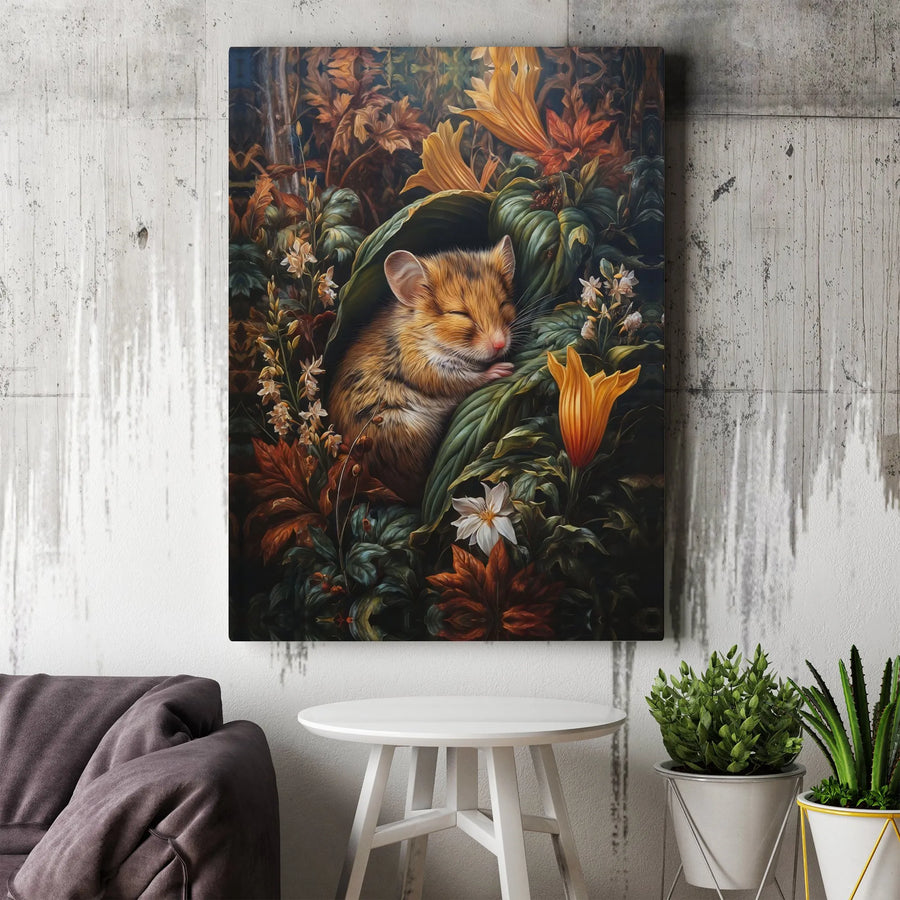 Sleeping Mouse Canvas Wall Art | Whimsical Forest Creature Floral Print | Premium Gallery Wrapped Decor | Cottagecore Nature Lover Gift