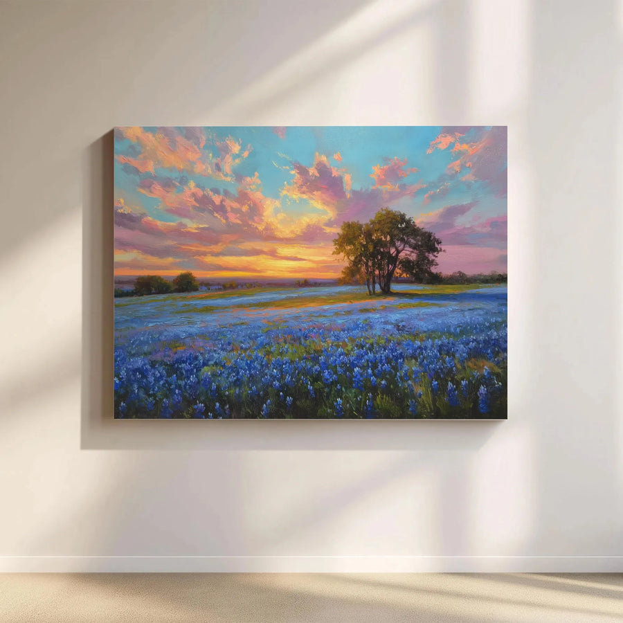 Texas Bluebonnet Landscape Canvas Print | Sunset Wildflower Meadow Wall Art | Premium 1.25 inch Gallery Wrap | Rustic Home Decor Gift