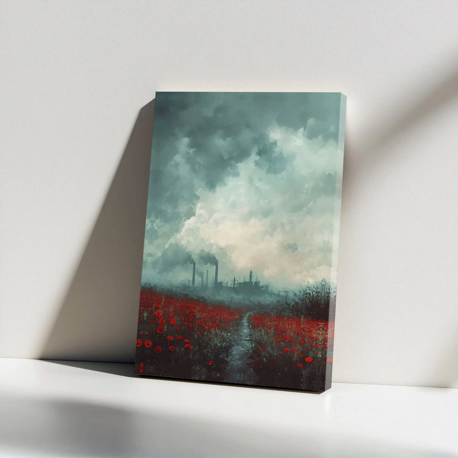 Dystopian Industrial Canvas Print | Red Poppy Field Landscape Art | 1.25-Inch Gallery Wrap | Atmospheric Modern Wall Decor for Living Room