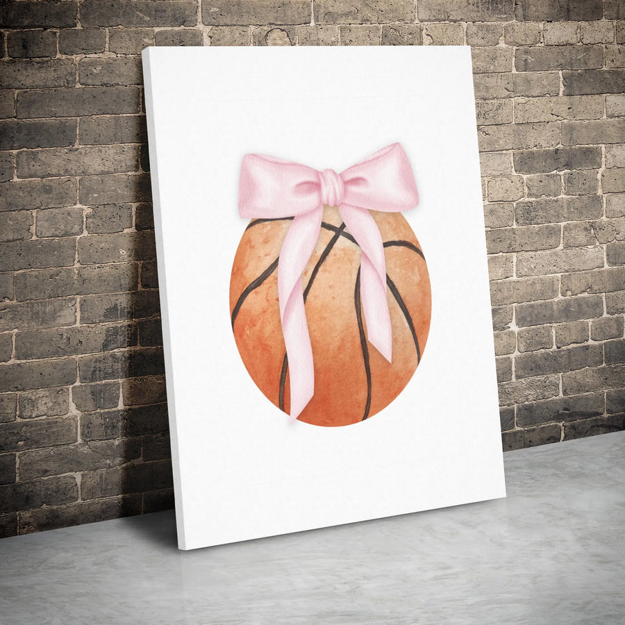 Basketball Wall Art | Watercolor Ball With Pink Bow | Premium Gallery Wrapped Canvas | Sporty Nursery Decor For Girls