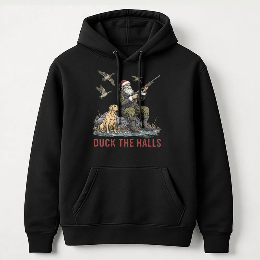 Duck The Halls Christmas Hoodie | Santa Duck Hunting With Labrador Design | Premium Cotton Blend | Funny Holiday Gift For Outdoorsmen