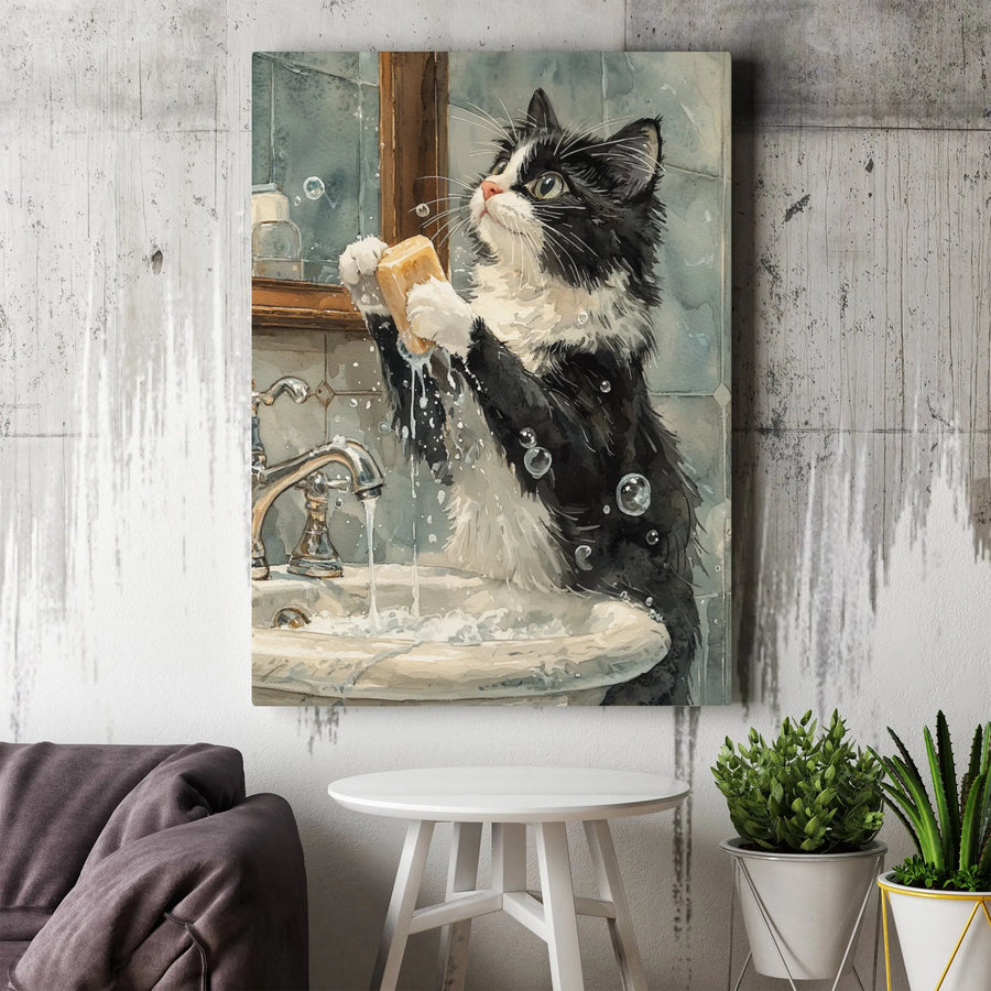 Watercolor Cat Wall Art | Black and White Kitty Washing Paws Print | Premium 1.25" Gallery Wrap Canvas | Whimsical Bathroom Decor for Cat Lovers