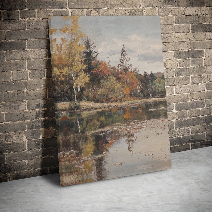 Autumn Landscape Canvas Wall Art | Golden River Reflection Forest | Gallery Wrapped Premium Decor | Nature Inspired Gift for Living Room