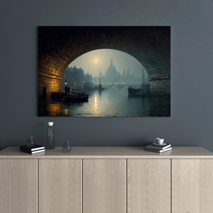 London St Paul’s Cathedral Canvas Art | Moody Night Cityscape Under Bridge | Gallery Wrapped Premium Print | Architectural Wall Decor Gift