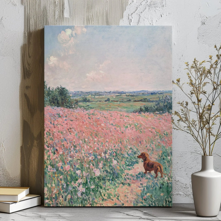 Dachshund Canvas Wall Art | Impressionist Flower Field Oil Painting Style | 1.25-Inch Gallery Wrap Premium Canvas | Dog Lover Gift Home Decor