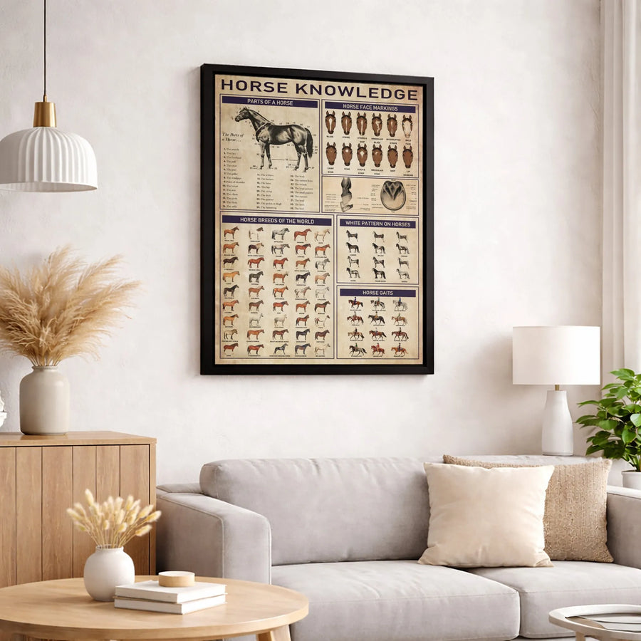 Horse Knowledge Poster | Vintage Anatomy & Breed Chart Canvas | Premium Equestrian Wall Art | Gift for Horse Lovers & Stable Decor