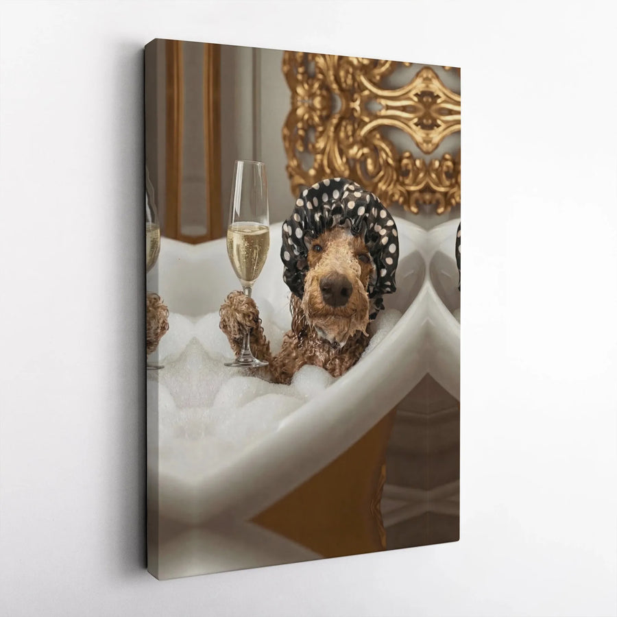 Funny Dog in Bathtub Canvas | Poodle with Champagne & Shower Cap | Premium Gallery Wrapped Art | Unique Bathroom Decor Gift for Dog Mom