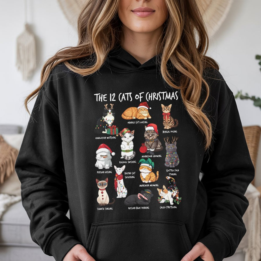 12 Cats Of Christmas Hoodie | Festive Cat Illustration Graphic | Soft Cotton-Blend Pullover | Xmas Gift For Cat Lovers & Pet Owners
