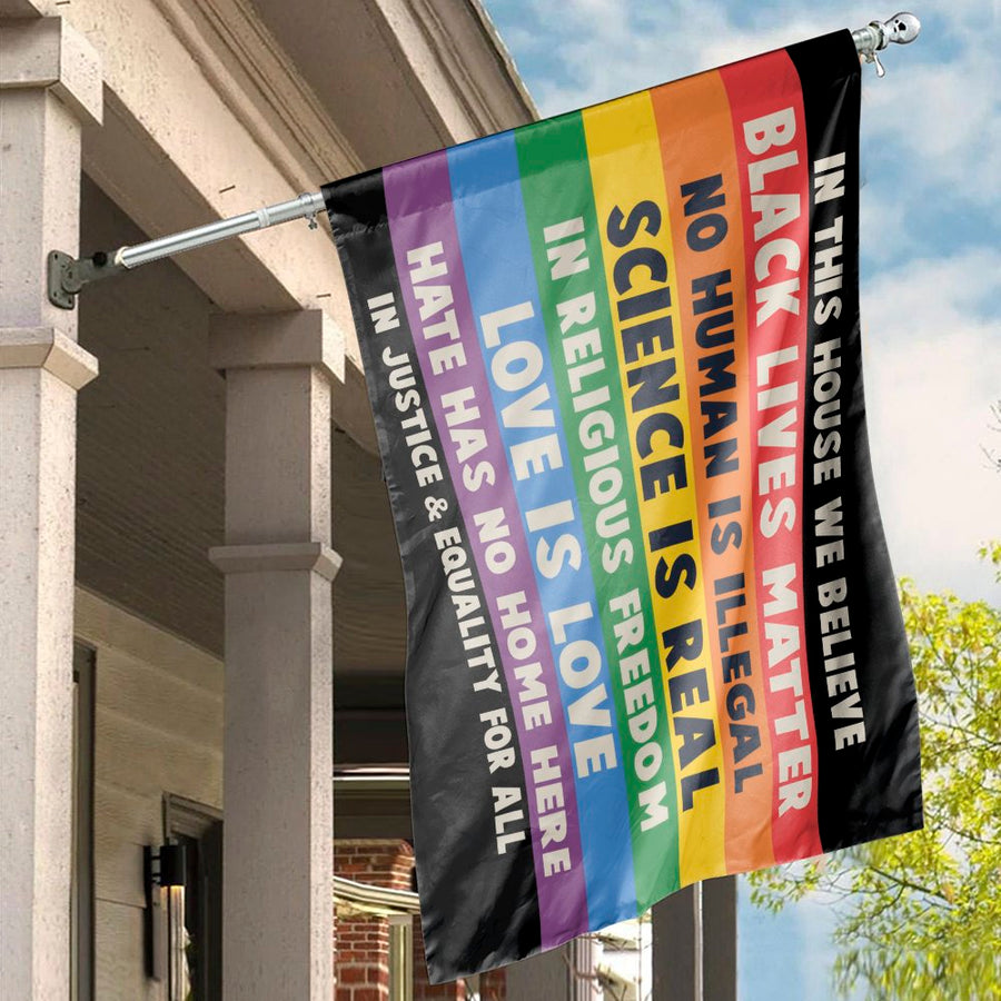 In This House We Believe Flag | Social Justice Pride Outdoor Banner | Premium Weather-Resistant Polyester | Equality and Inclusion Gift for Home Decor