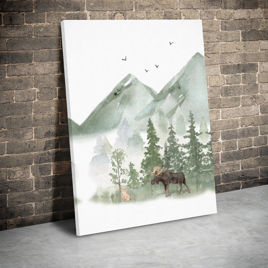 Watercolor Mountain Canvas Art | Forest Moose and Rabbit Wall Decor | Premium Gallery Wrap Print | Nature-Inspired Gift for Home or Office