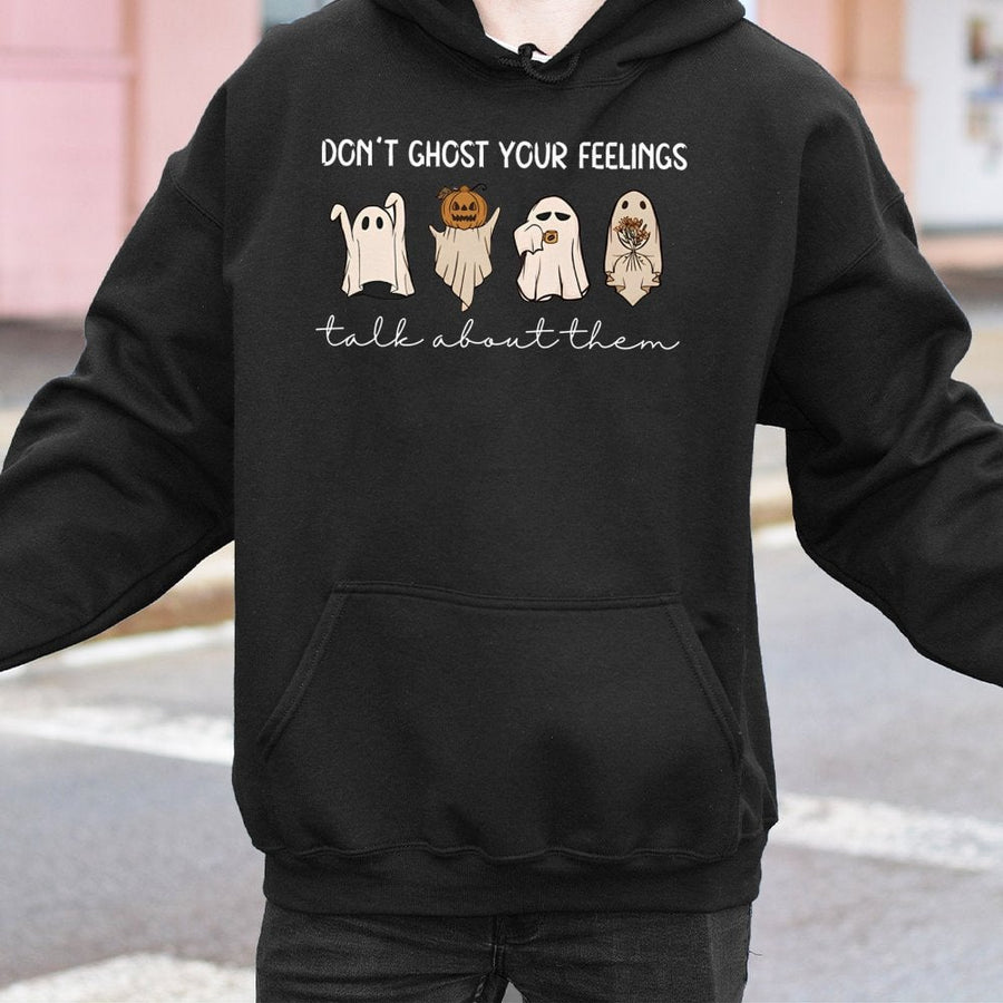 Mental Health Awareness Hoodie | Don't Ghost Your Feelings Ghost Design | Premium Cotton-Poly Blend | Cute Halloween Gift for Psychologists