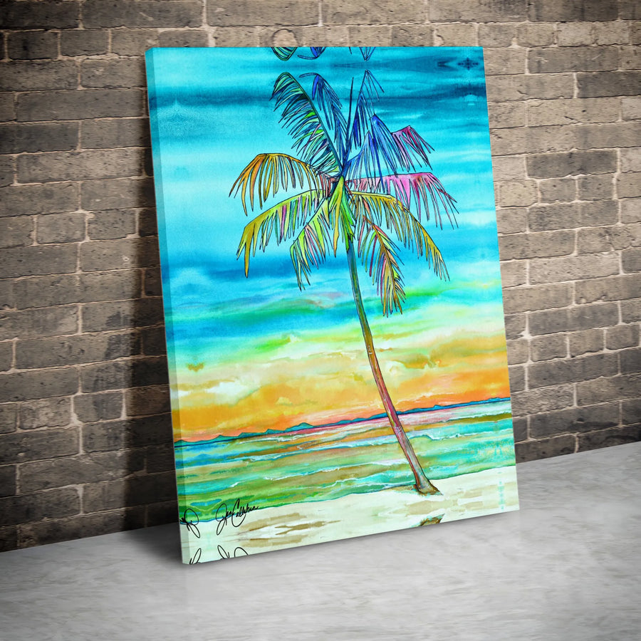 Colorful Palm Tree Canvas Wall Art | Vibrant Watercolor Sunset Painting | Premium Thick Gallery Wrap | Coastal Home Decor Gift