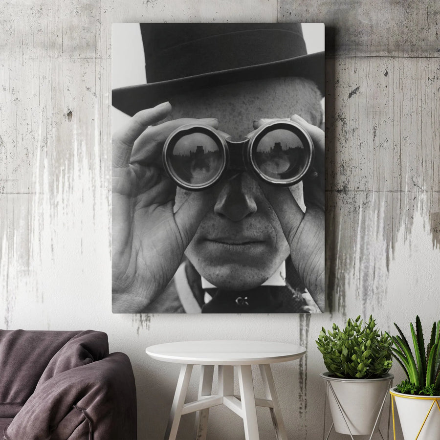 Black and White Man with Binoculars Canvas | Cinematic Noir Wall Art | Premium High-Resolution Print | Collector's Gift for Office & Home Decor
