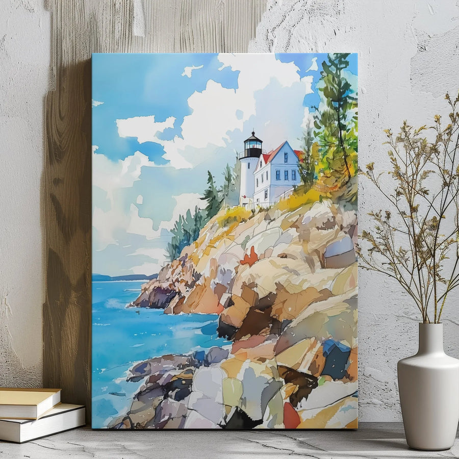 Lighthouse Canvas Wall Art | Coastal Watercolor Painting | Premium Gallery Wrap Print | Nautical Home Decor Gift for Beach Lovers