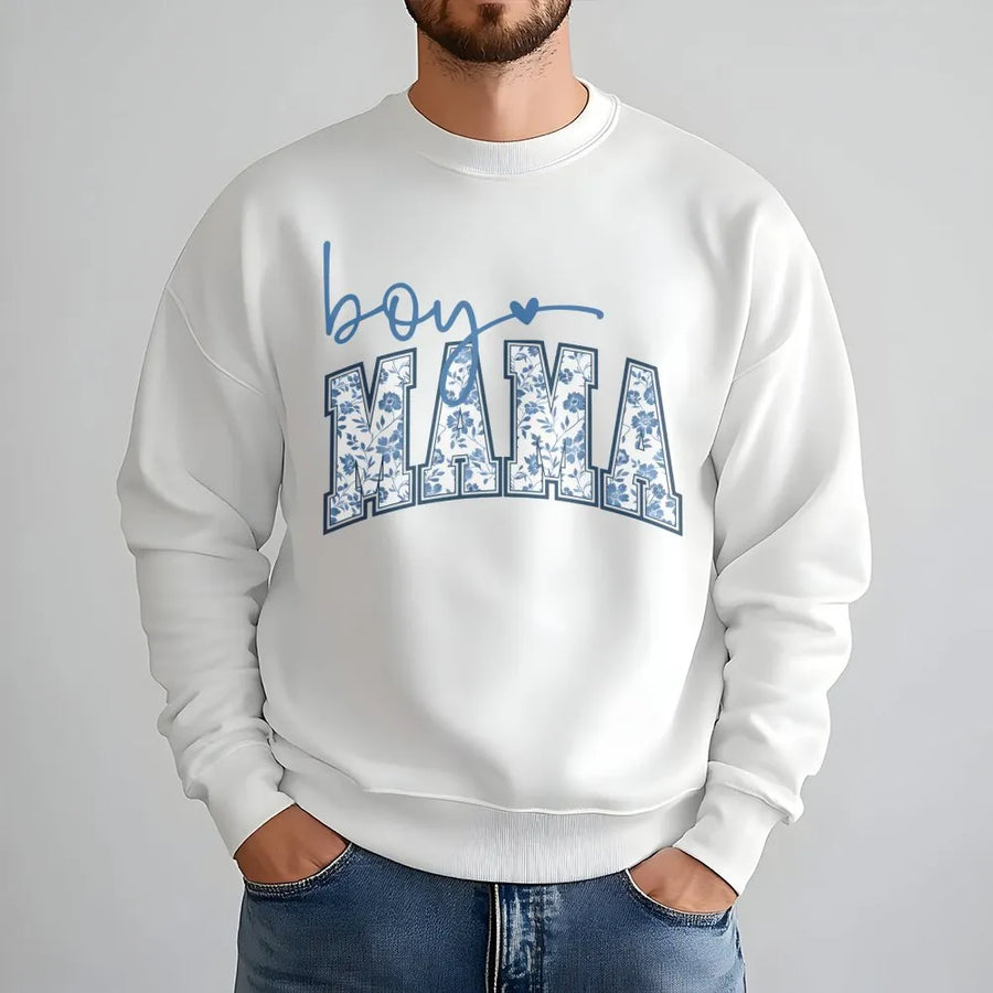 Boy Mama Sweatshirt | Floral Varsity Lettering Design | Premium Cotton Blend | Aesthetic Motherhood Gift For New Moms
