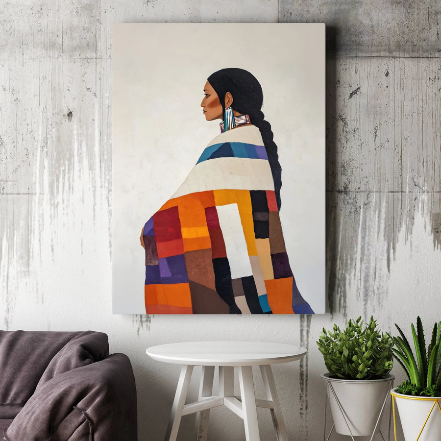 Native American Portrait Canvas | Colorful Patchwork Blanket Art | Gallery Wrapped Premium Quality | Southwest Wall Decor for Home Office