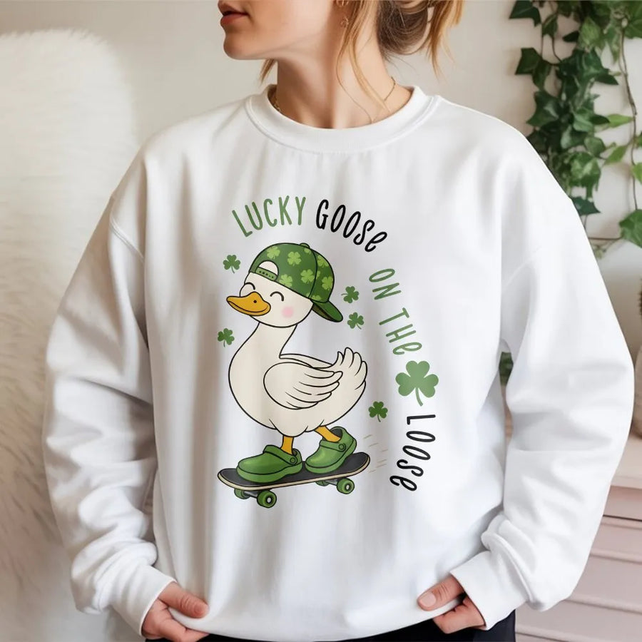 Lucky Goose Sweatshirt | Skater Goose St. Patricks Day Graphic | Cotton Blend Premium Apparel | Fun Holiday Gift for Kids and Adults
