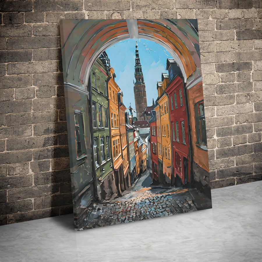 European Old Town Street Canvas | Cobblestone Alley With Clock Tower | Premium Gallery Wrap Print | Artistic Travel Home Decor Gift