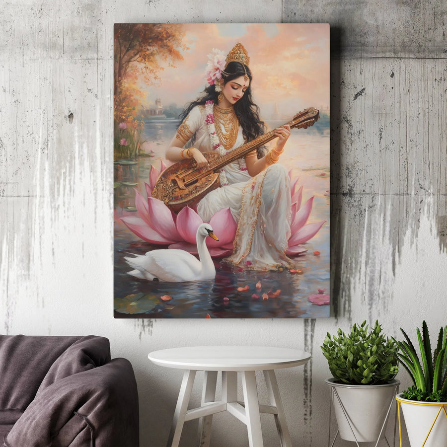 Goddess Saraswati Canvas Art | Hindu Deity Playing Veena on Lotus | Premium Gallery Wrap Wall Decor | Spiritual Home Gift for Devotees