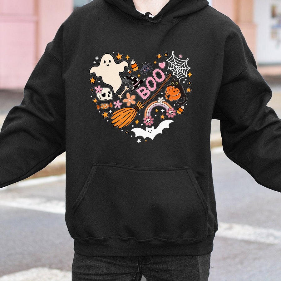 Halloween Heart Hoodie | Retro Boo Ghost Pumpkin Witch Hat Graphic | Premium Cotton Blend | Spooky Season Gift for Women & Men