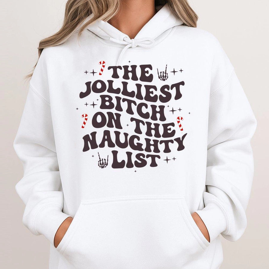 The Jolliest Bitch On The Naughty List Hoodie | Funny Christmas Retro Graphic Sweatshirt | Premium Cotton Blend | Gift For Women & Sarcastic Holiday Lovers