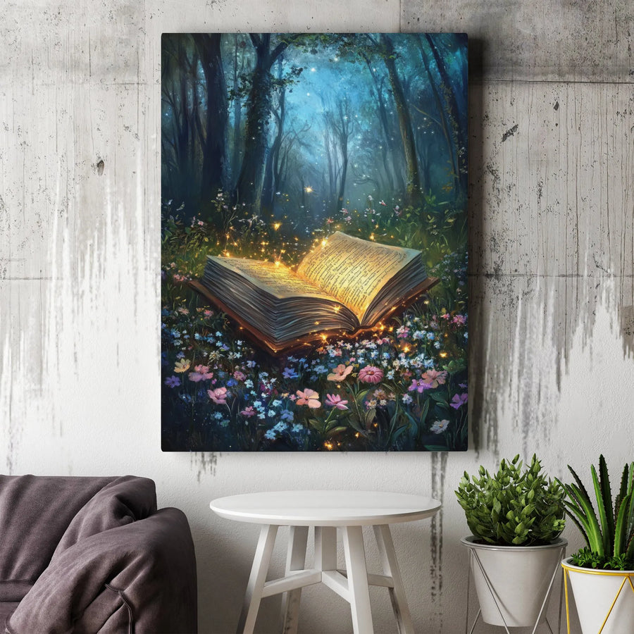 Enchanted Forest Book Canvas Art | Magical Glowing Fairy Tale Decor | Premium Gallery-Wrapped Print | Whimsical Library Wall Decor for Book Lovers