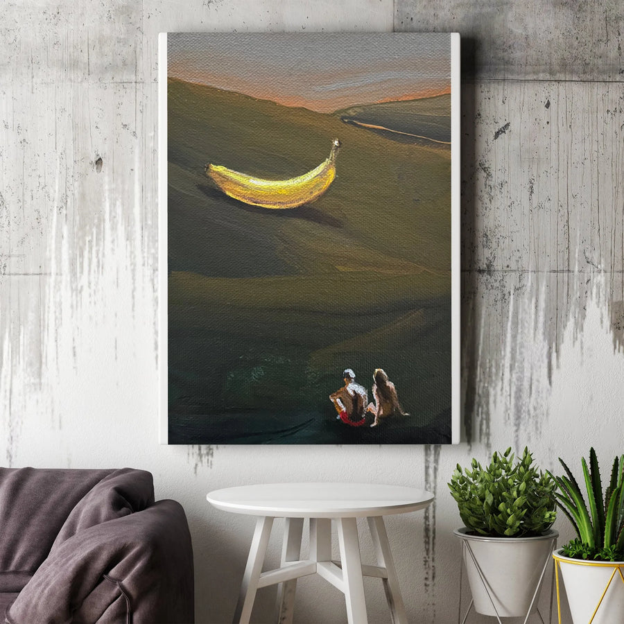 Surreal Banana Art Vertical Canvas | Giant Floating Banana Painting, Vintage Oil Painting Style | Premium Thick Canvas | Funny Quirky Home Decor Gift