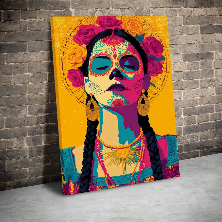 Sugar Skull Woman Canvas Wall Art | Vibrant Dia De Los Muertos Print | Premium Gallery Wrap Canvas | Modern Mexican Folk Art Home Decor Gift