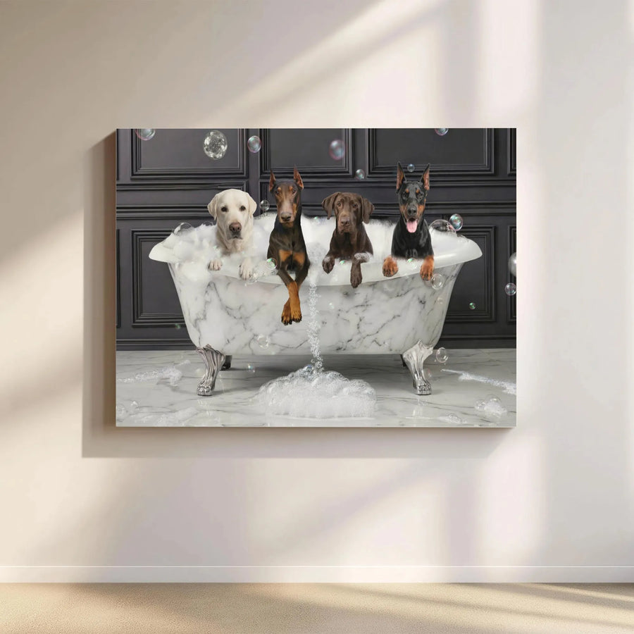 Dogs in Bathtub Canvas Wall Art | Humorous Bathroom Scene with Labrador & Dobermans | Premium Gallery Wrap Canvas | Funny Gift for Dog Lover, Modern Bathroom Decor