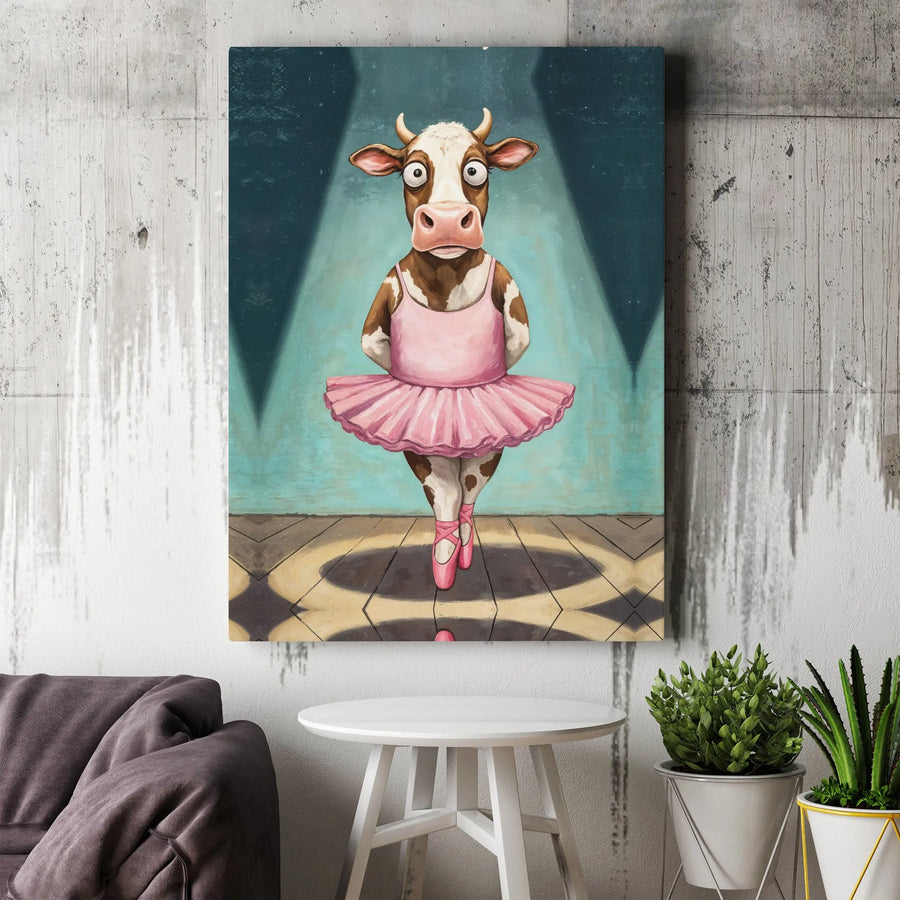 Funny Cow Ballerina Canvas Art | Whimsical Dancing Cow in Pink Tutu | Premium Gallery Wrapped Print | Nursery Decor & Funny Farmhouse Gift