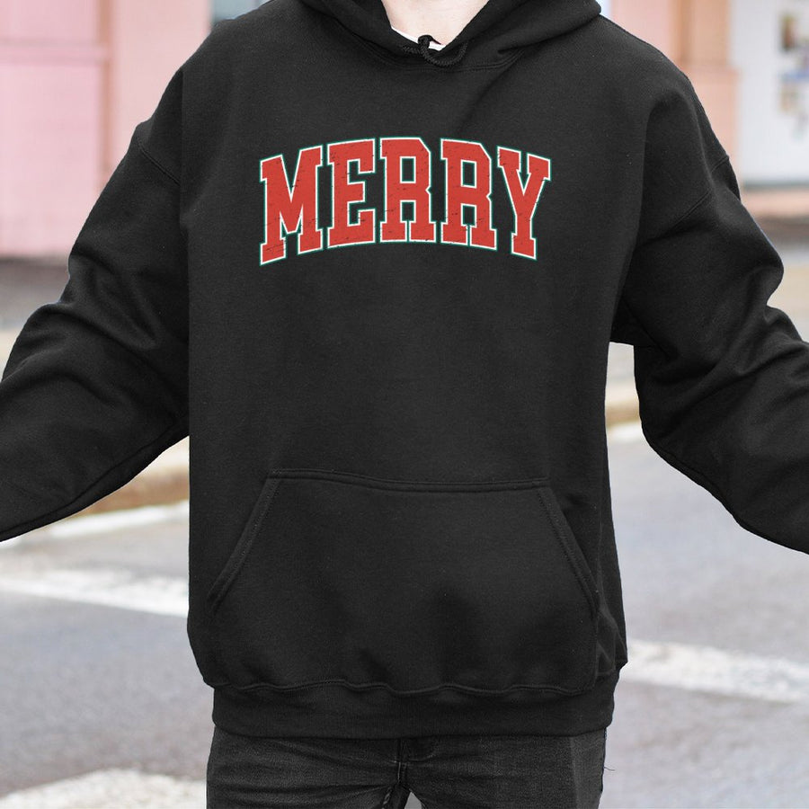 Merry Christmas Hoodie | Retro Varsity Text Holiday Sweatshirt | Premium Cotton-Blend Pullover | Cozy Gift for Women and Men
