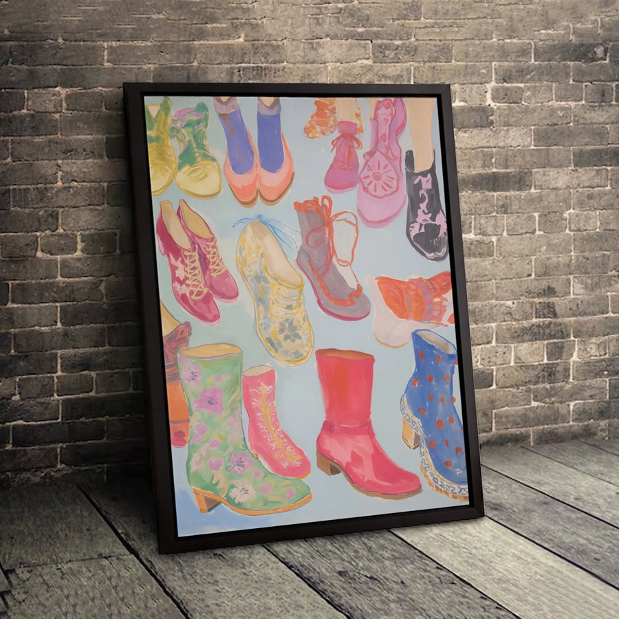 Fashion Illustration Canvas Wall Art | Colorful Assorted Shoes And Boots Print | Premium Gallery Wrapped Decor | Trendy Gift For Shoe Lovers