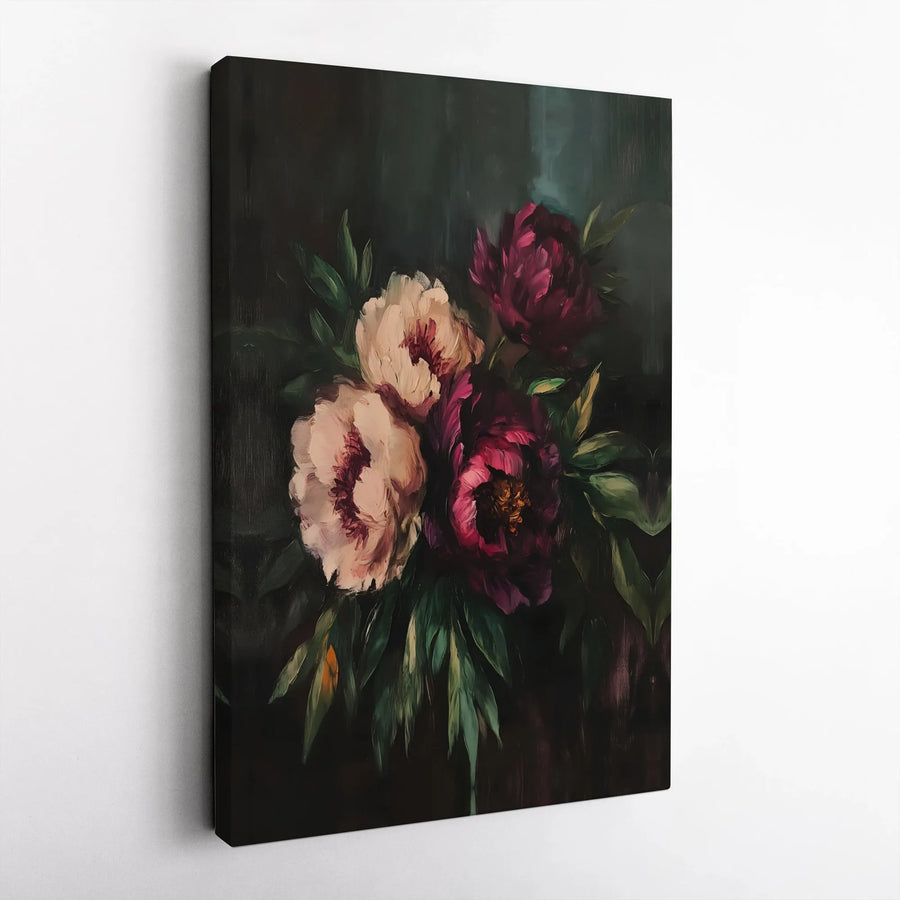 Dark Moody Floral Wall Art | Peony Bouquet Oil Painting Print | Gallery Quality 1.25" Thick Canvas | Modern Home Decor Gift