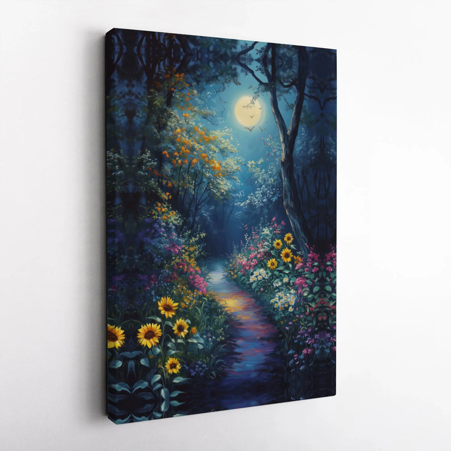 Enchanted Forest Canvas Wall Art | Moonlight Sunflower Path | Premium Gallery Wrap | Nature-Inspired Home Decor Gift