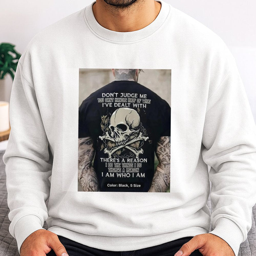 Skull Graphic Sweatshirt | Don't Judge Me Quote Print | Soft Cotton-Blend Crewneck | Edgy Streetwear Gift for Him & Her