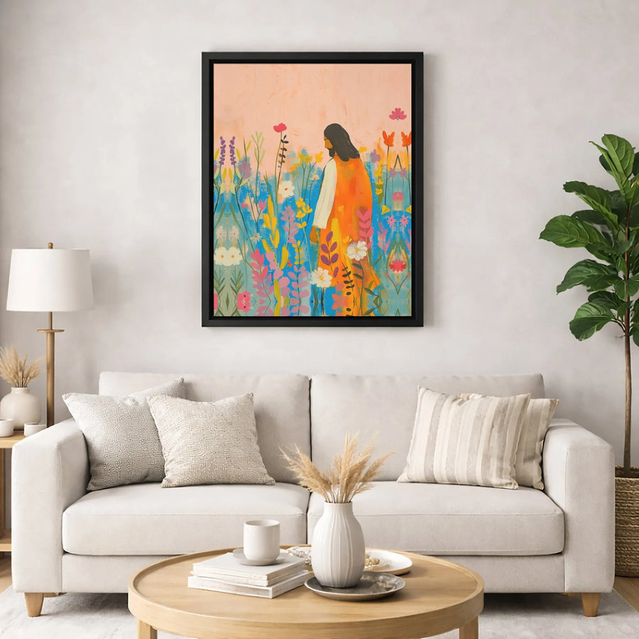 Jesus In Wildflower Field Canvas Print | Abstract Christian Wall Art | Premium Gallery-Wrapped Decor | Religious Home Gift for Believers
